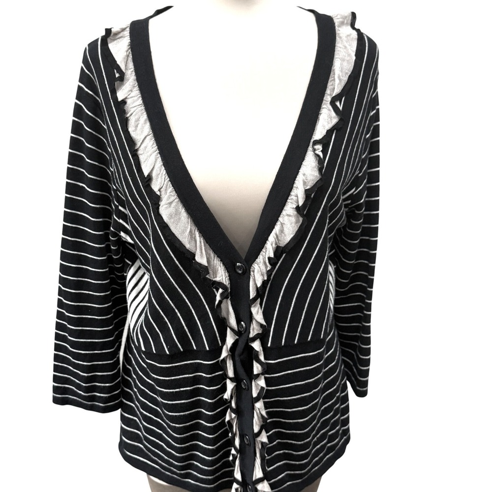 CAbi Striped Ruffle Cardigan Women's Large Black White Tan Knit Button Front